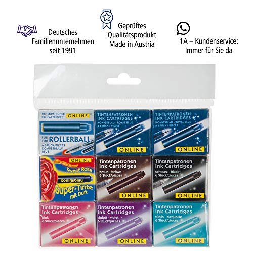 Online 17034 - Paquete de recambios de tinta para pluma (9 cajas x 6 unidades), varios colores