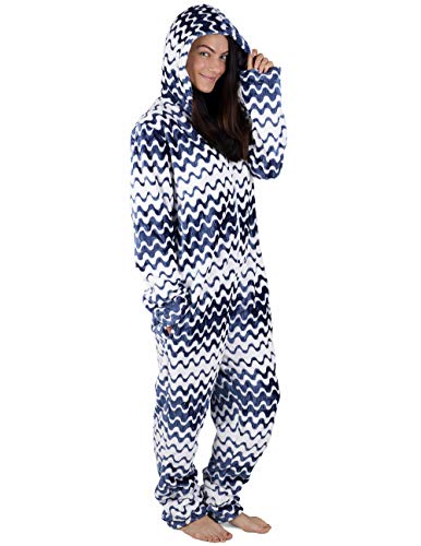 Onsies Pijamas Pijama de un Pieza para Mujer con Motivos Geométricos (XL, Azul y Blanco)