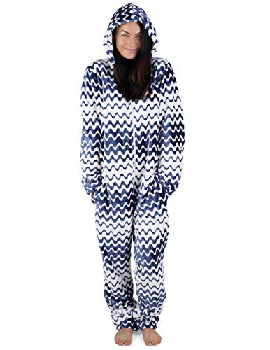 Onsies Pijamas Pijama de un Pieza para Mujer con Motivos Geométricos (XL, Azul y Blanco)