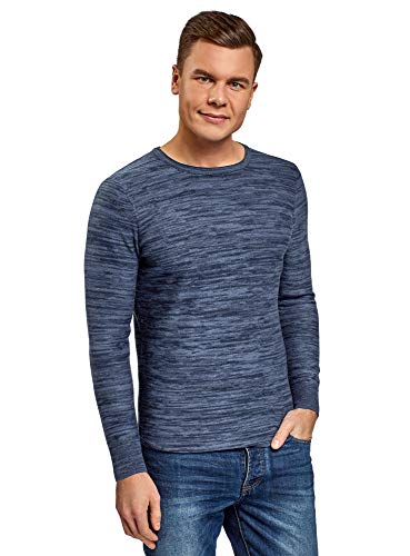 oodji Ultra Hombre Jersey Melange con Cuello Redondo, Azul, ES 56 / XL