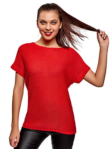 oodji Ultra Mujer Jersey Básico de Manga Corta, Rojo, ES 44 / XL