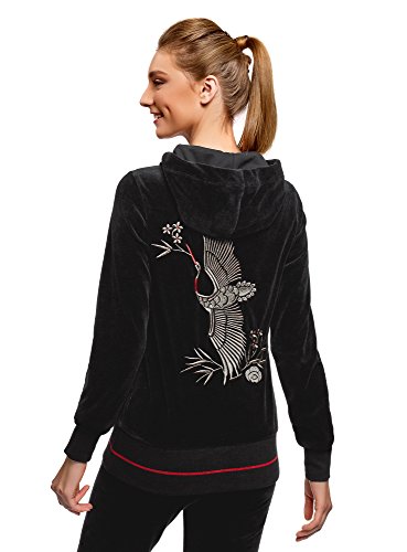 oodji Ultra Mujer Sudadera de Felpa con Bordadi, Negro, ES 38 / S