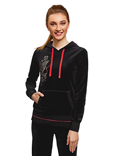 oodji Ultra Mujer Sudadera de Felpa con Bordadi, Negro, ES 38 / S