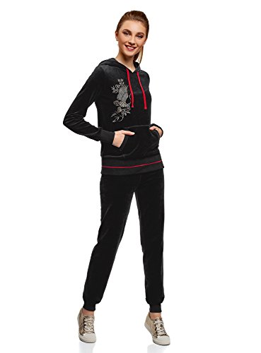 oodji Ultra Mujer Sudadera de Felpa con Bordadi, Negro, ES 38 / S