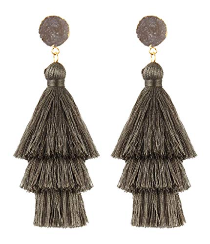 Ookmngft Pendientes para mujer Pendientes de borla de tres capas de moda Temperamento simple Oreja exagerada Chica de uñas Gris oscuro