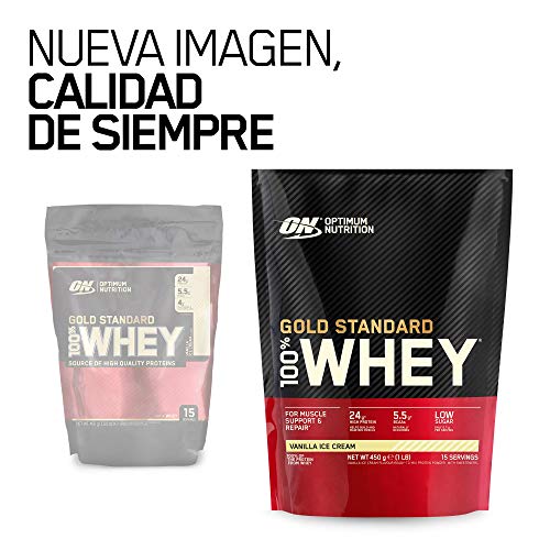 Optimum Nutrition ON Gold Standard 100% Whey Proteína en Polvo Suplementos Deportivos, Glutamina y Aminoacidos, BCAA, Helado de Vainilla, 15 Porciones, 450g, Embalaje Puede Variar
