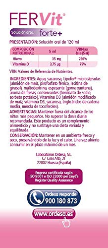 Ordesa Fervit Forte Solución Oral - 120 ml Complemento alimenticio para niños a base de hierro y vitaminas - 5ml al día
