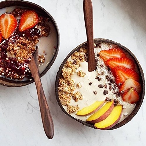 OrganicMe Cuenco y Cuchara de Coco (Juego de 4) - 100% Natural, Hecho a Mano, Pulido con Aceite de Coco, Duradero, Ligero, fácil de Limpiar, Apto para Veganos para el Desayuno, Servir, decoración.