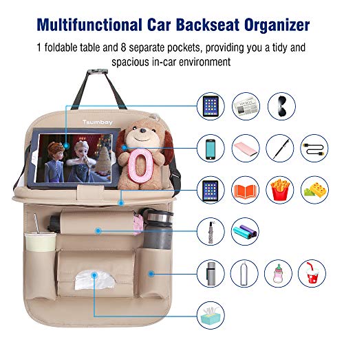 Organizador Coche, Protector de Asiento de PU Cuero para Coche Kick Mats con Comedor Poseedor Bandeja,Multi-Bolsillo de Almacenamiento de Coche Bebe para iPad Tablet Botella Bebida Juguete