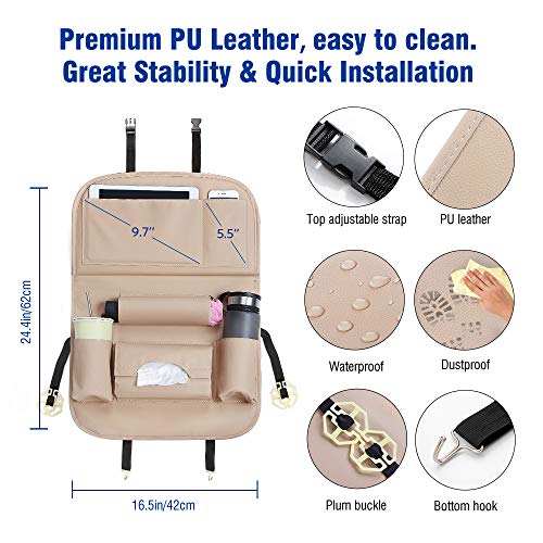 Organizador Coche, Protector de Asiento de PU Cuero para Coche Kick Mats con Comedor Poseedor Bandeja,Multi-Bolsillo de Almacenamiento de Coche Bebe para iPad Tablet Botella Bebida Juguete