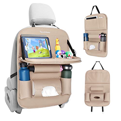 Organizador Coche, Protector de Asiento de PU Cuero para Coche Kick Mats con Comedor Poseedor Bandeja,Multi-Bolsillo de Almacenamiento de Coche Bebe para iPad Tablet Botella Bebida Juguete