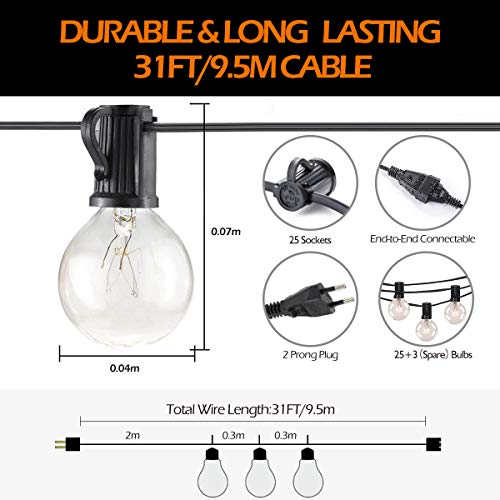 Osaloe Guirnaldas Luminosas de Exterior y Interiores, Cadena de Luces de 9.5 M/31FT con 25+3 Bombillas, Cadena de Luz G40 Impermeable para Jardín, Fiesta, Bodas, Terraza, Césped, Balcón, Navidad