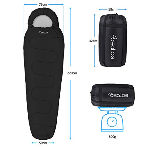 Osaloe Saco de Dormir Momia para Acampar, Senderismo y Al Aire Libre, Saco de Dormir Ultraligero para 3-4 Estaciones 5~25℃, con Bolsa de Compresión Impermeable, 800 g, 220 x 80 cm (Negro)