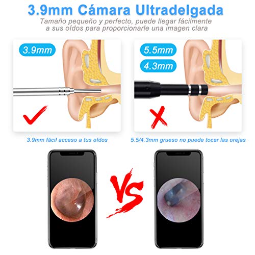 Otoscopio Digital WiFi- OVIFM 3.9mm 1080P HD Endoscopio Oido, Limpieza Cerumen Oído con Soporte para Móvil, Herramientade Limpieza de Oidos y 6 LED para iPhone/Movil Android/PC