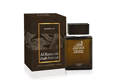 Oudh Patchouli Spray 100 ml por Al Haramain – Oud, madera de agio, almizcle negro, ámbar.