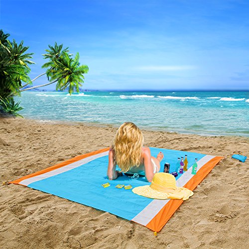 OUSPT Alfombras de Playa, Manta Picnic Impermeable 250 * 200cm Anti-Arena con 4 Estaca Fijo para la Playa, Picnic, Acampa y Otra Actividad al Aire Libre