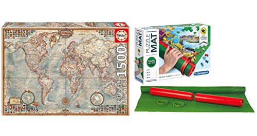 Outletdelocio Pack Puzzle Educa 16005. El Mundo, Mapa Politico. 1500 Piezas + Tapete Universal Puzzle Roll Clementoni