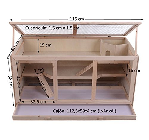 Outsunny Jaula Madera 115x60'5x58cm 3 Ventanas Plexiglas 3 Pisos + Bandeja Extraible Hamster Raton