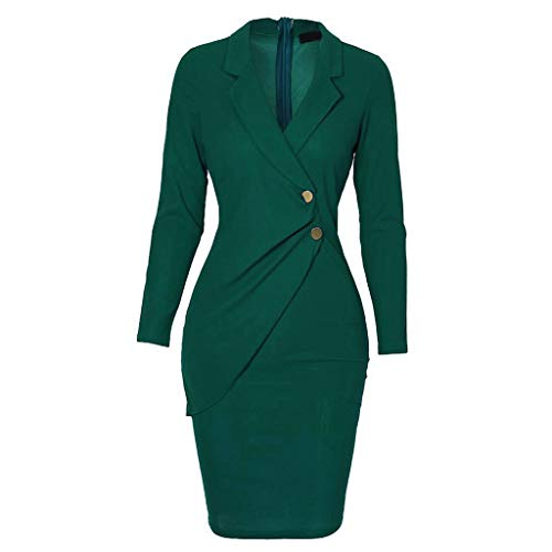 OverDose mujer De Manga Larga con Cuello En V Botones Invierno OtoñO Moda Sexy Delgado Nuevo Casual Bodycon CóCtel Mini Vestido (L, R-Verde Militar)