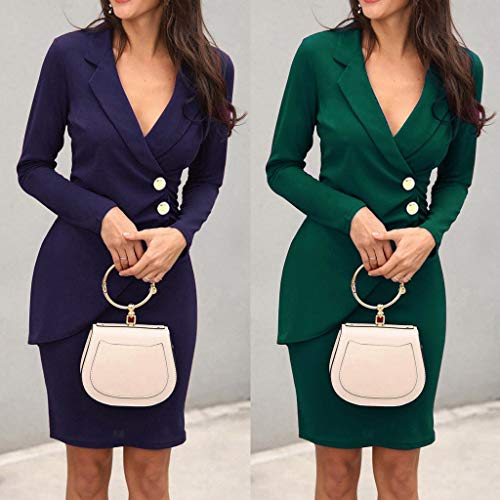 OverDose mujer De Manga Larga con Cuello En V Botones Invierno OtoñO Moda Sexy Delgado Nuevo Casual Bodycon CóCtel Mini Vestido (L, R-Verde Militar)