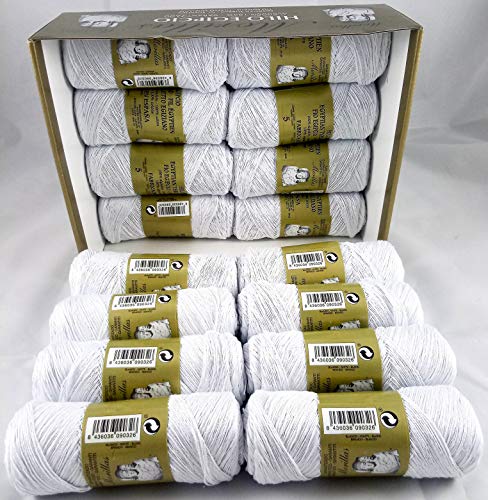 ▷ Pack de 16 Zepelines Ne 5/2 color blanco punto azul de algodón perlé 100% egipcio mercerizado para tejer labores de ganchillo o punto con un acabado elegante.