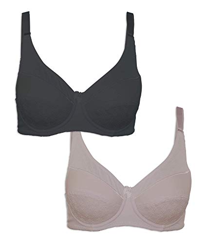 Pack de 2 Sujetadores de Licra con diseño Floral en 3D. Válido Copa B y C. Tejido elástico y cómodo. (Pack C:Visón Negro, 105)