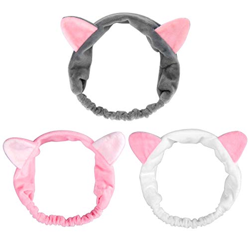 Pack de 3 diademas elásticas de terciopelo para orejas de gato, limpieza facial, belleza adorable, cosmética para el cabello