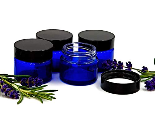 Pack de 4 x 15ml Empty Azul Tarro De Cristal con negro Tapón para Aromaterapia, Cosméticos, Bálsamo Labial y Crema