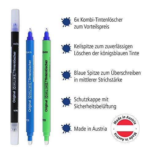 Pack de 6 borradores de tinta Online para borrar y escribir, en diferentes colores, 2 azules, 2 azules, verdes y negros, eliminar y corregir la tinta azul