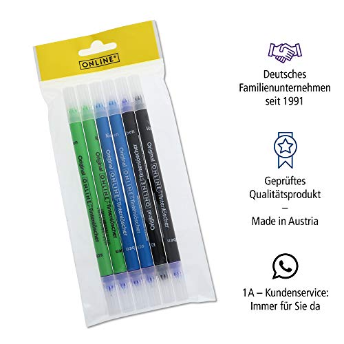 Pack de 6 borradores de tinta Online para borrar y escribir, en diferentes colores, 2 azules, 2 azules, verdes y negros, eliminar y corregir la tinta azul