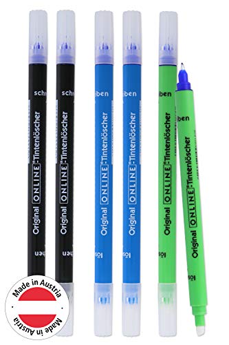 Pack de 6 borradores de tinta Online para borrar y escribir, en diferentes colores, 2 azules, 2 azules, verdes y negros, eliminar y corregir la tinta azul