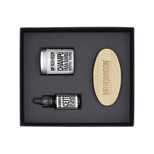 Pack regalo hombre para el cuidado de la barba: champú, aceite y cepillo | Kit de barba para hombre Mr. Robinson Belfort | Cuidado para la barba profesional | Sin parabenos