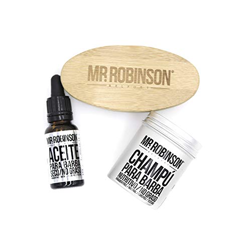 Pack regalo hombre para el cuidado de la barba: champú, aceite y cepillo | Kit de barba para hombre Mr. Robinson Belfort | Cuidado para la barba profesional | Sin parabenos