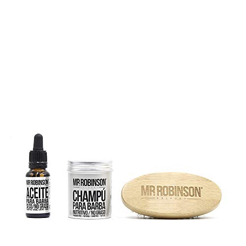 Pack regalo hombre para el cuidado de la barba: champú, aceite y cepillo | Kit de barba para hombre Mr. Robinson Belfort | Cuidado para la barba profesional | Sin parabenos