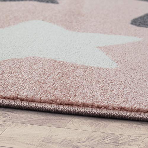 Paco Home Alfombra Habitación Infantil Estrellas Grandes Y Pequeñas En Rosa Y Gris, tamaño:80x150 cm