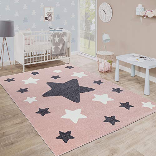 Paco Home Alfombra Habitación Infantil Estrellas Grandes Y Pequeñas En Rosa Y Gris, tamaño:80x150 cm