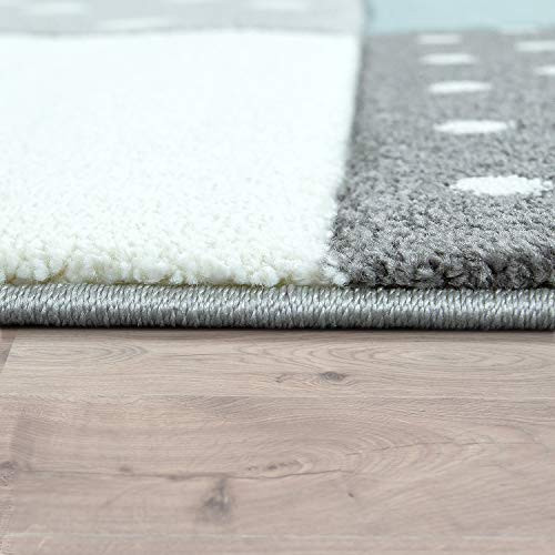 Paco Home Alfombra Infantil Pastel Cuadros Puntos Corazones Estrellas Blanco Gris Azul, tamaño:Ø 133 cm Cuadrado