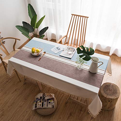 Pahajim Algodón Lino Paño de Mesa Cena Cubierta de Mesa Borla Mantel Anti-Manchas Servidor Decorativo a Prueba de Polvo para mesas rectangulares y ovaladas Lavable(Rayas Café azuladas,140x140cm)