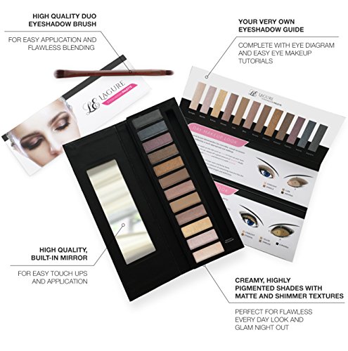 Paleta de sombras de ojos Lagure de 12 colores con mates neutros altamente pigmentados y reflejos: cepillo de sombra de ojos Duo gratis y guía detallada para maquillaje incluida