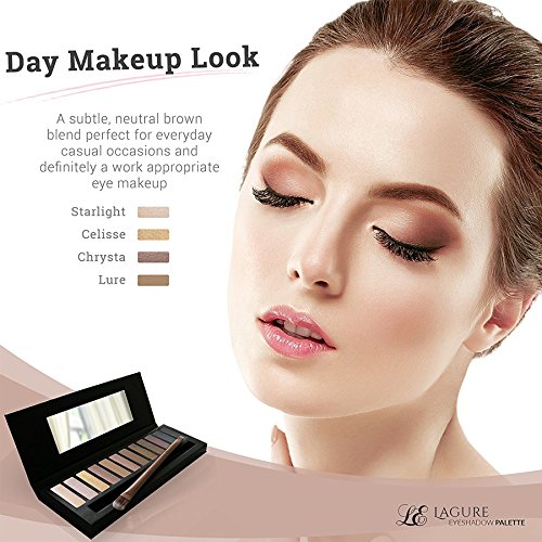 Paleta de sombras de ojos Lagure de 12 colores con mates neutros altamente pigmentados y reflejos: cepillo de sombra de ojos Duo gratis y guía detallada para maquillaje incluida