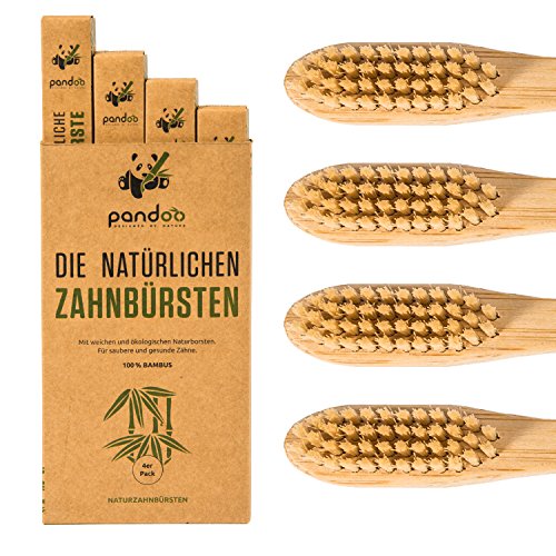 pandoo Cepillos de Dientes en Bambú | Opción de Cepillo y Cerdas Ecológicos, Antibacterianos y Biodegradable a los Cepillos de Plástico | Vegano – Libre de BPA - Higiene Bucal y Dental | 4 Unidades