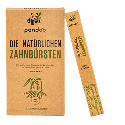 pandoo Cepillos de Dientes en Bambú | Opción de Cepillo y Cerdas Ecológicos, Antibacterianos y Biodegradable a los Cepillos de Plástico | Vegano – Libre de BPA - Higiene Bucal y Dental | 4 Unidades
