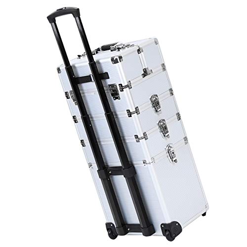 Paneltech 4 en 1 Belleza Maquillaje Belleza Rolling Case Organizador Cosméticos Peluquería Caja de almacenamiento con cerradura Bolsa Profesional portátil de viaje Trolley (plata)