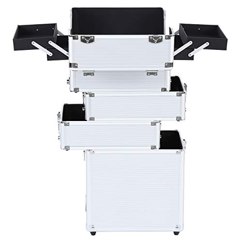 Paneltech 4 en 1 Belleza Maquillaje Belleza Rolling Case Organizador Cosméticos Peluquería Caja de almacenamiento con cerradura Bolsa Profesional portátil de viaje Trolley (plata)