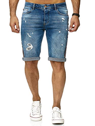 Pantalones Cortos destruidos Hombres con Rayas Laterales Azul