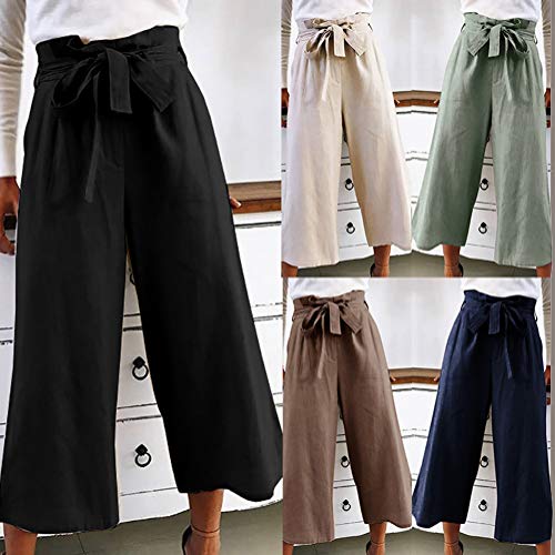 Pantalones Palazzo Mujer Pantalones Anchos de Pierna Largo Cintura Alta Oficina Pantalón Cordón Lazo Caqui XX-Large