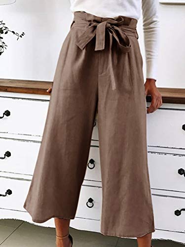 Pantalones Palazzo Mujer Pantalones Anchos de Pierna Largo Cintura Alta Oficina Pantalón Cordón Lazo Caqui XX-Large