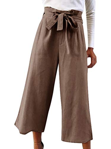 Pantalones Palazzo Mujer Pantalones Anchos de Pierna Largo Cintura Alta Oficina Pantalón Cordón Lazo Caqui XX-Large