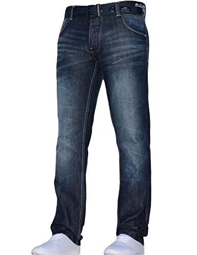 Pantalones vaqueros clásicos de corte recto para hombre, corte regular, con cinturón, todos los tamaños de cintura Azul Oscuro Lavado 34W/32L