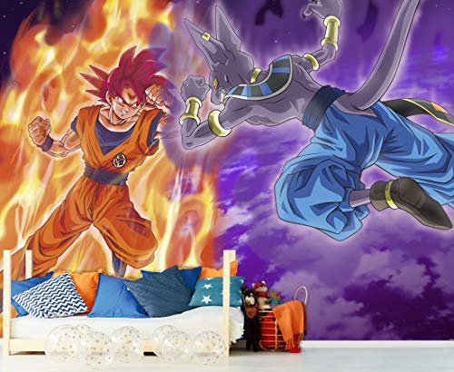 Papel Pintado de Pared Dragon Ball Super Goku vs Beerus Producto Oficial | 100x70 cm | Papel Pintado para Paredes | Producto Original |Decoración Hogar | DBS